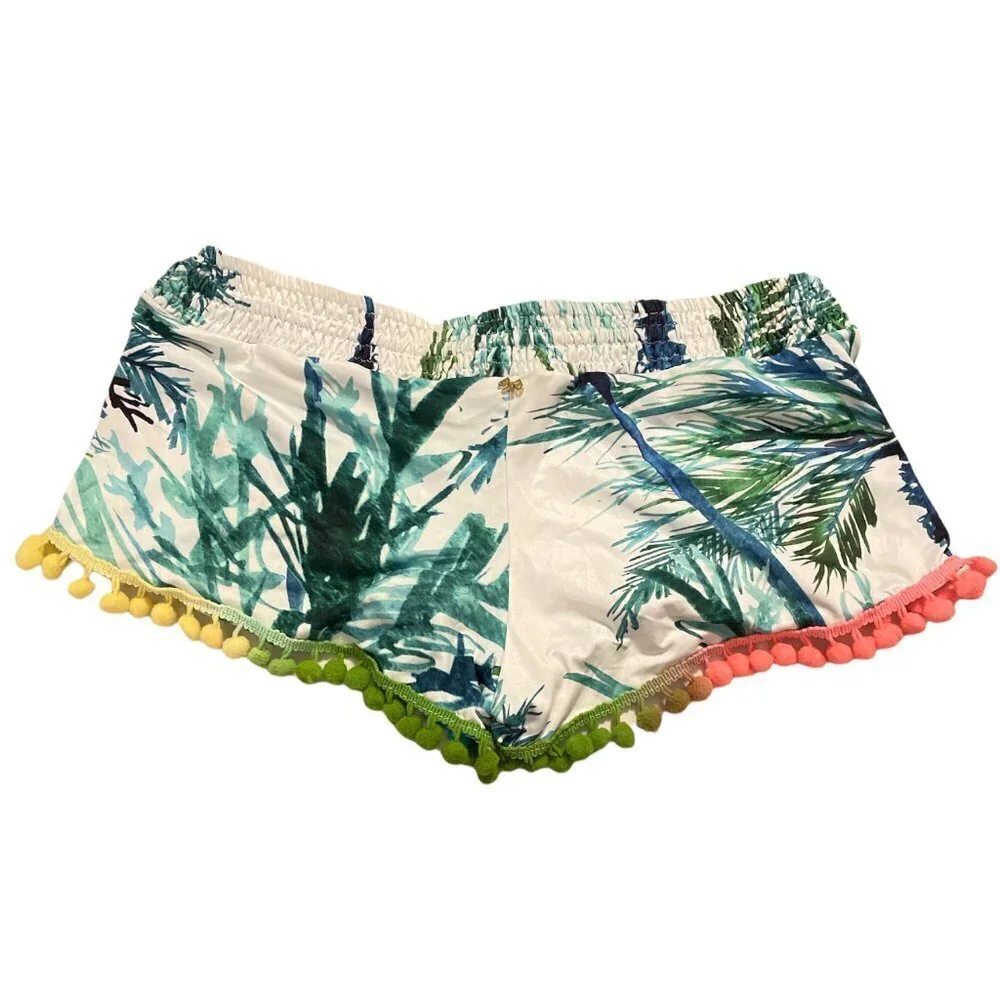 PilyQ Girls Swimwear Palm Tree Shorts w/ Pom Pom Fringe Hem NWT